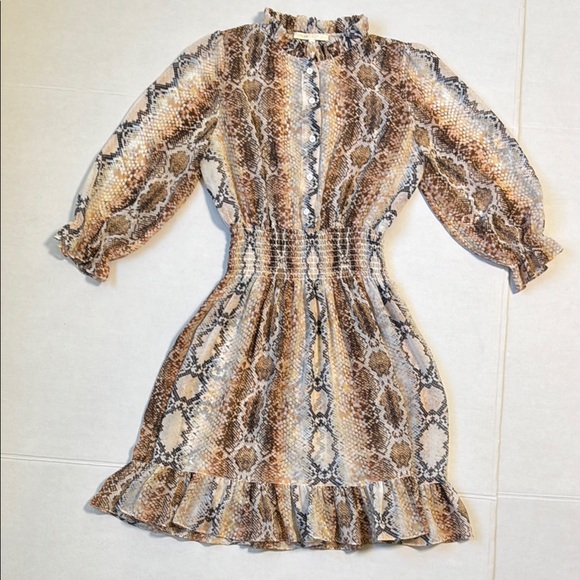MAJE Women's Sheer Snake Print‎ Mini Dress Puff Sleeves Ruffle Button Up Size 2 - Picture 2 of 12